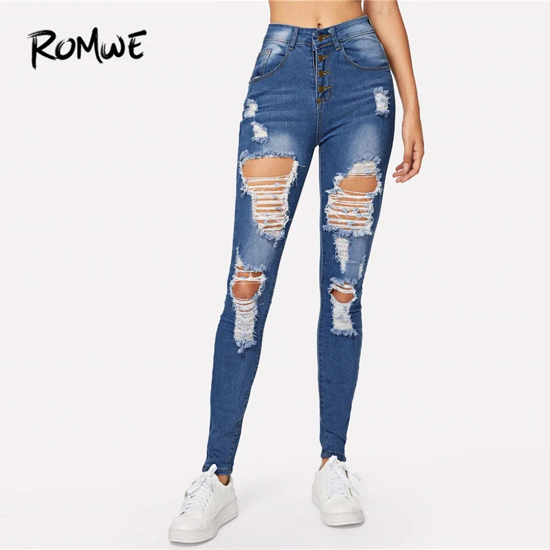 ROMWE/рваные джинсы скинни с потертостями на пуговицах, джинсовые со средней талией и карманами, штаны на молнии, длинные синие штаны на весну-осень