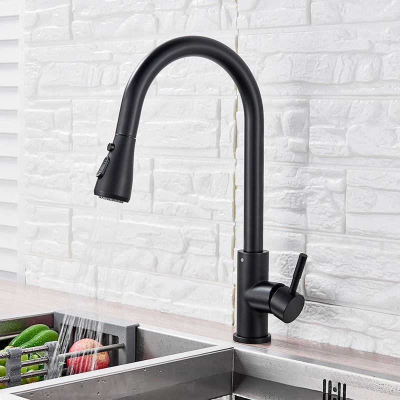 quyanre matte black pull out kitchen faucet single handle mixer tap 360 rotation with 3 way spray hot cold water mixer tap for kitchen tap3