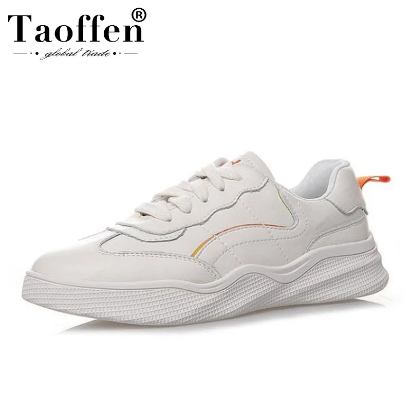 

Taoffen 2019 Spring New Women Flats Shoes Genuine Leather Lace Up White Shoes Young Trend Leisure Sneakers Women Size 35-39