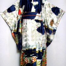 Темно-синее винтажное японское женское шелковое атласное кимоно юката вечернее платье цветок один размер WK007