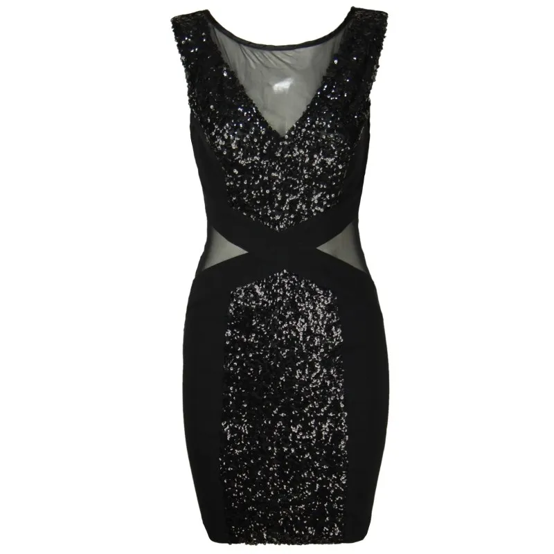 Fashion black paillette gauze perspectivity V neck racerback sexy one