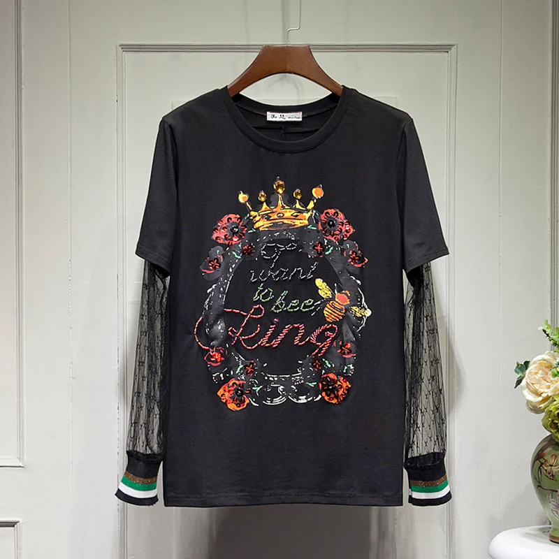 

Spring Summer Women T-shirt New Fashion Printing Mesh Beaded Stitching Long Sleeved T-shirt Tees Girls Student Bf Tee Tops