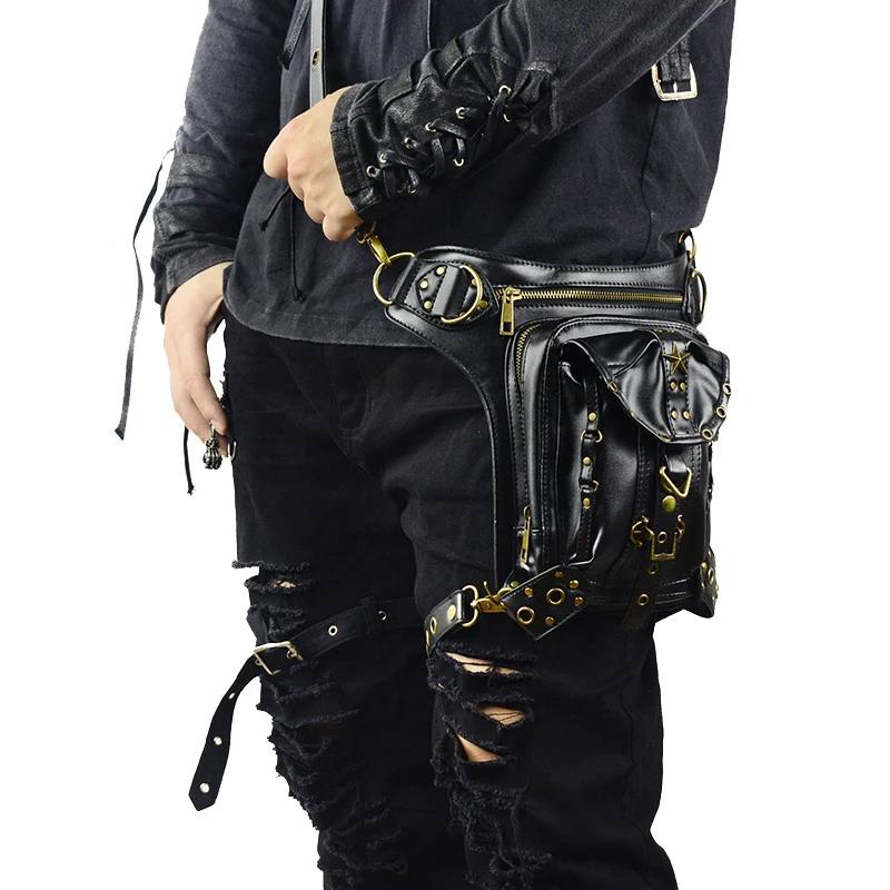 Steampunk Multi-function Men Shoulder Crossbody Bags Male Leather Bag Casual Messenger Bag Gothic Black Travel Waist Pack
