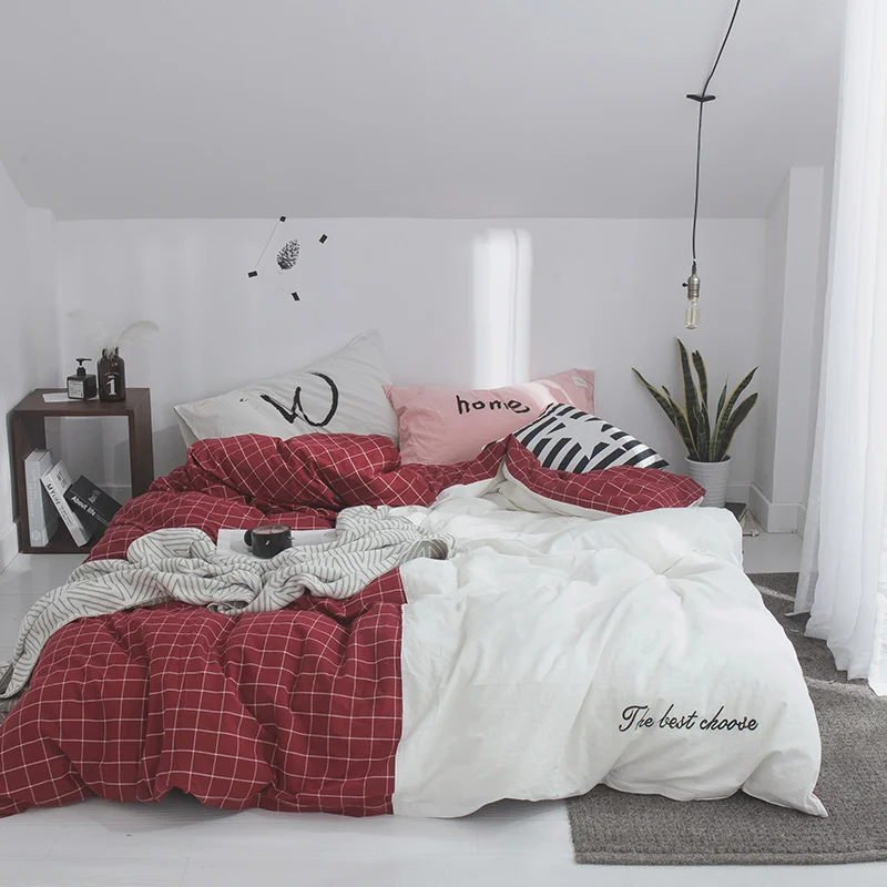 

Stylish Wine Red Plaid Pattern Cotton Duvet Cover Flat Bed Sheets +Pillowcase King Queen Full Bedding Set Bedding Set 3/4pcs