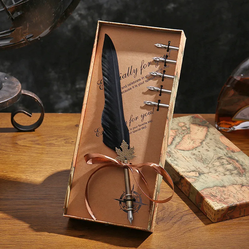 

1Set Feather pen Box with 5 Nib English Calligraphy Feather Dip Pen Classical fountain pen Stationery Gift Wedding Gift Creative