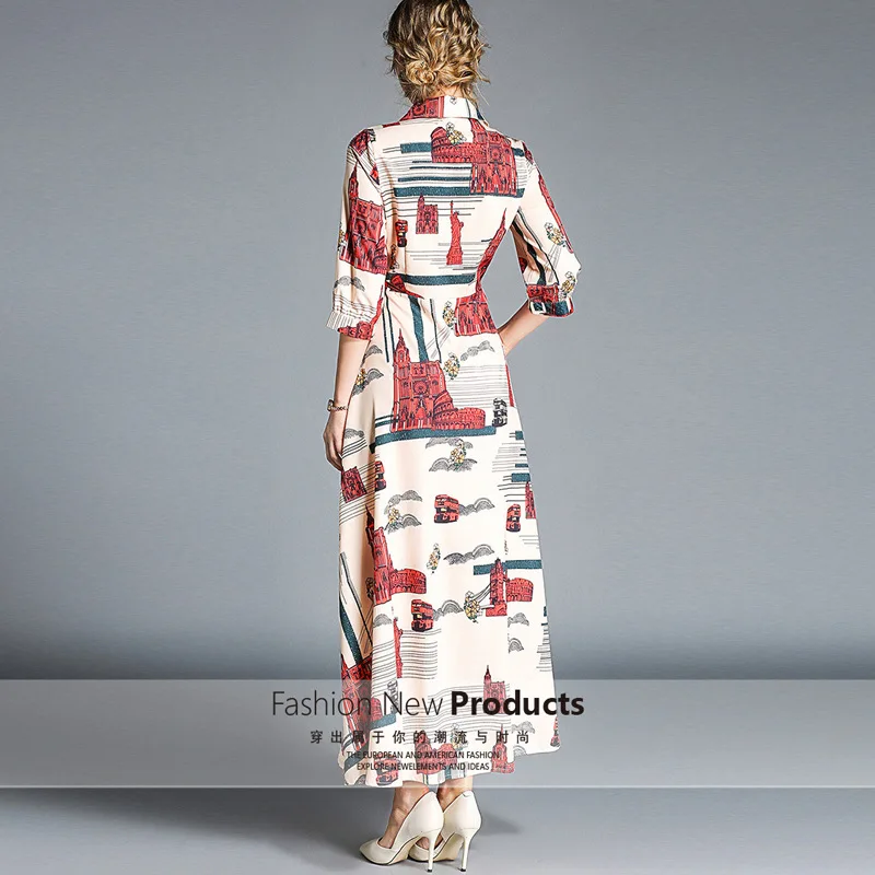 Czgee 2018 High Quality Autumn Dress Designer Women Three Quarter Sleeve Printing Turn Down Collar Slim Vintage Dress Vestido Dresses