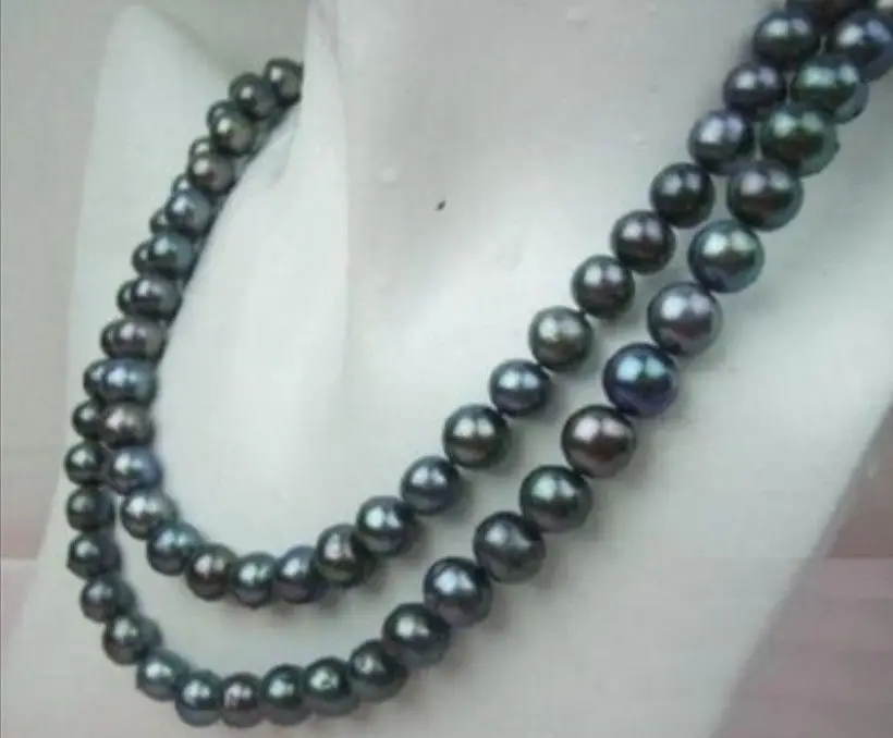 

8-9MM BLACK TAHITIAN PEARL NECKLACE 32 Inch <@^18K GP style Fine jewe Noble Natural jade SHIPPING