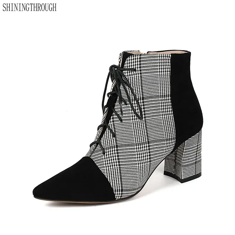 New suede leather lace up women ankle boots poined toe high heels boots woman elegant gingham ladies dress shoes woman New suede leather lace up women ankle boots poined toe high heels boots woman elegant gingham ladies dress shoes woman