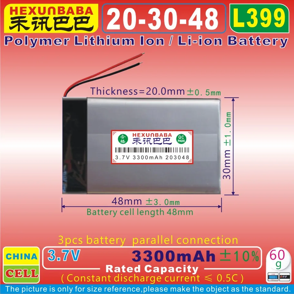 

[L399] 3.7V 3300mAh [203048] PLIB ( polymer lithium ion battery ) for tablet pc;GPS;MP3;MP4