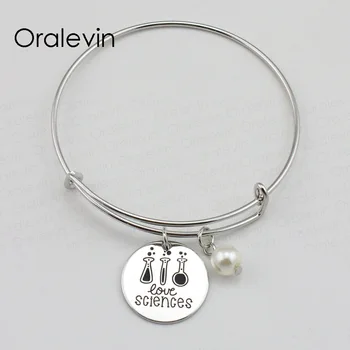 

LOVE SCIENCES Inspired Hand Stamped Engraved Custom Charm Pendant Wire Expandable Bracelet Bangle Jewelry,10Pcs/Lot, #LN1748B