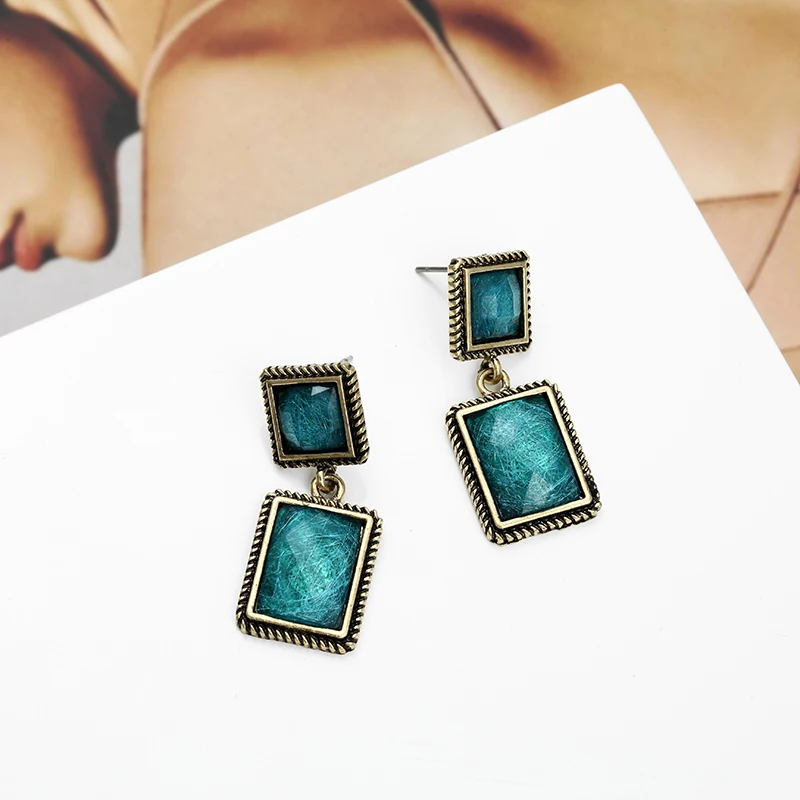 

Retro Style Earrings in 2019 Geometric Quadrate Blue Stone Drop Earrings Fashion Good match Gifts for friends