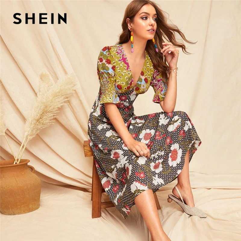 

SHEIN Boho Multicolor Shirred Cuff Mixed Print Fit and Flare Summer Long Dress Women Deep V Neck Puff Sleeve A Line Sexy Dresses