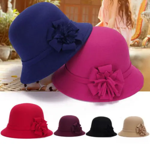 

New Elegant Women Lady Flower Vintage Round Fedora Bow Cloche Derb Felt Bowler Cap Sun Hat US