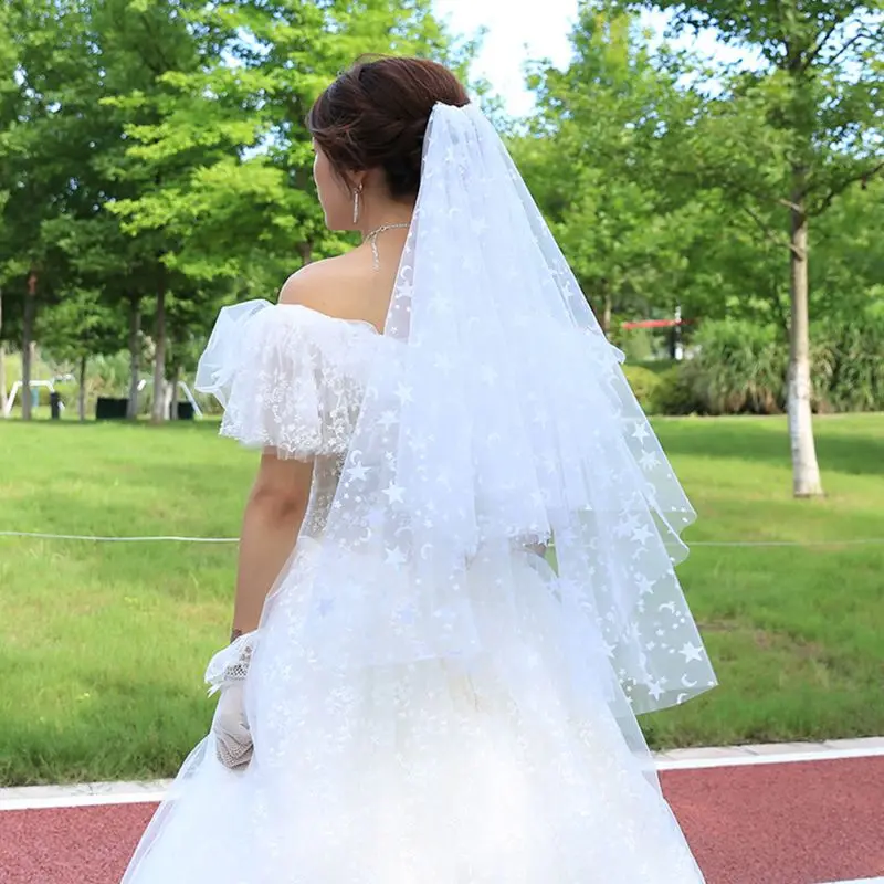 

2 Tier Double Layer Women Wedding Veil Fantastic Five-Pointed Star Moon Patterns Printing Party Costume Bridal Veil With Comb