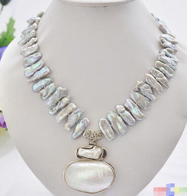 

P5012 17" 25mm gray biwa dens freshwater pearl necklace mabe pendant>jewelry Quartz Crystal Women Wedding