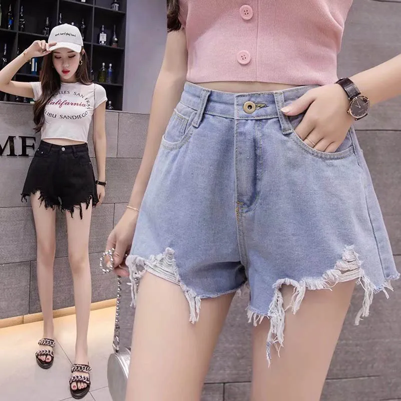 

NiceMix Korean Fashion Irregular Tassel High Waist Short Jeans Women Summer Harajuku Sexy Wide Feet Short Jeans Ladies Clothes