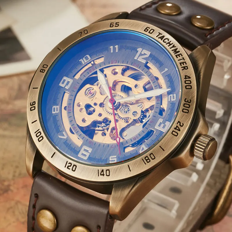 Top Brand Mens Self-Wind Mechanical Watches For Males Retro Automatic Skeleton Steampunk Leather Mechanical Watches Luxury Gifts retro bronze bezel skeleton steampunk automatic watches mens sports clock luxury top brand vintage leather mechanical wristwatch