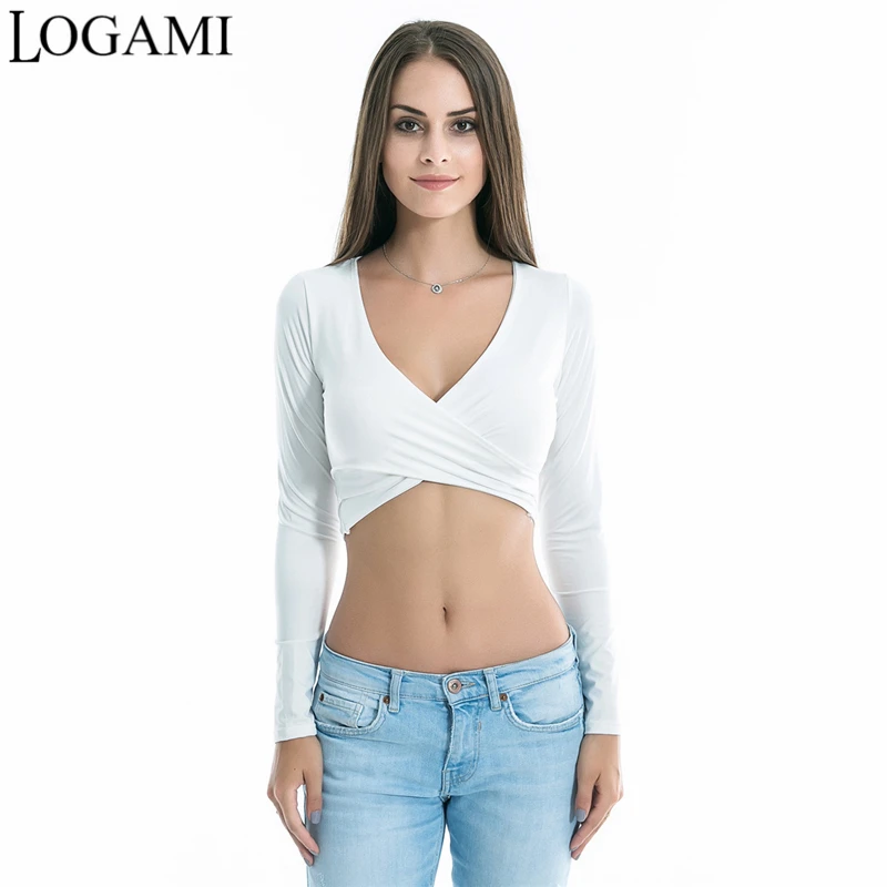 Logami Long Sleeve V Neck Crop Top T Shirts For Women Sexy Crop Tops For Women Clubwear 2017