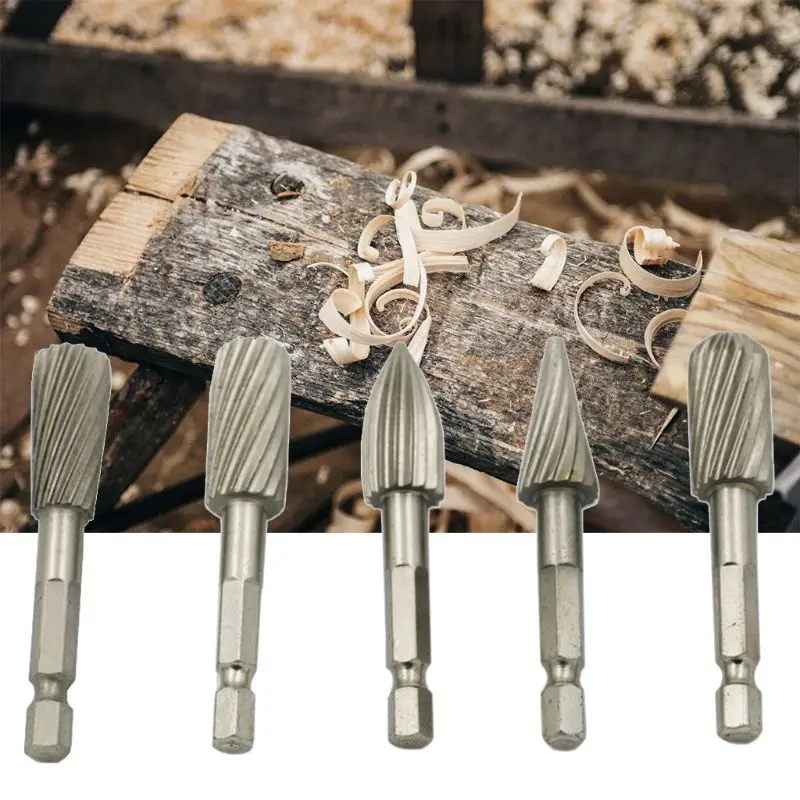 5pcs 1/4" Hex Shank HHS Rotary Wood Carving Burr File Rasp Drill Bit Set for Woodworking Engraving Rotating Grind Polisher