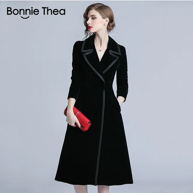 Женское вельветовое пальто Bonnie Thea черная длинная куртка для работы в офисе на