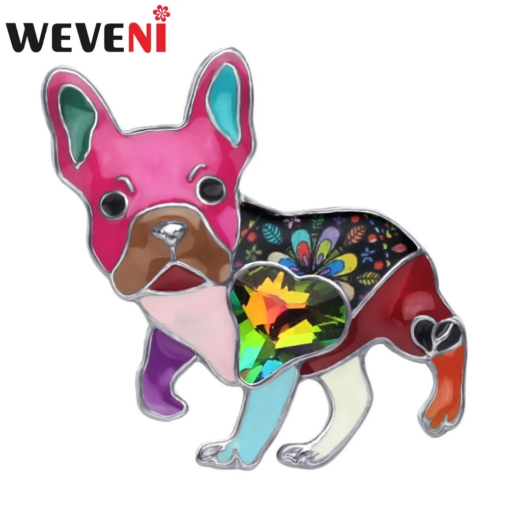 

WEVENI Alloy Enamel Rhinestone French Bulldog Pug Dog Brooches Clothes Pin Animal Pet Jewelry For Women Girls Gift Decoration