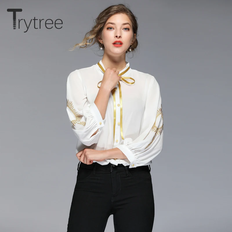 

Ttytree Autumn Embroidery Lantern Sleeve Blouses Casual shirt Women Bow Stand Collar Single-breasted Tops Office Lady Shirts
