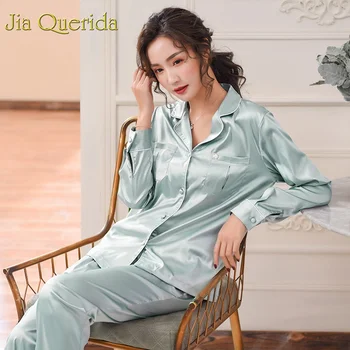 

Set Satin Pyjamas Women 2019 Spring Fashion Pjs Women Pajama Set Plus Size 3xl Homewear Pyjama Satin Femme Solid Silk Pajama Set