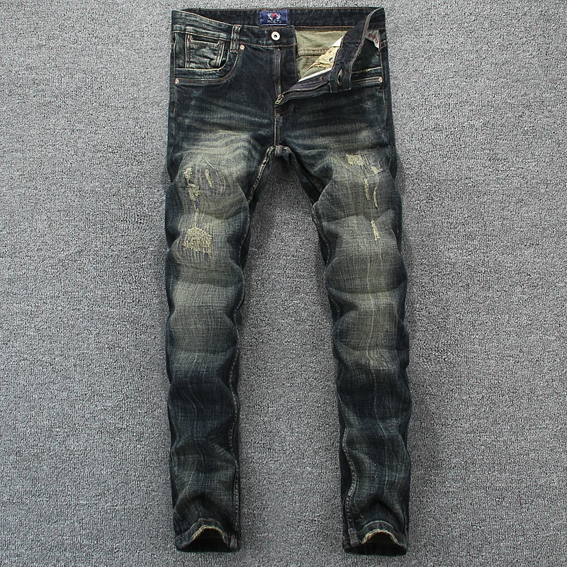 

Italian Vintage Men Jeans Retro Slim Fit Embroidery Ripped Jeans Men Patchwork Hip Hop Pants Fashion Streetwear Classical Jeans