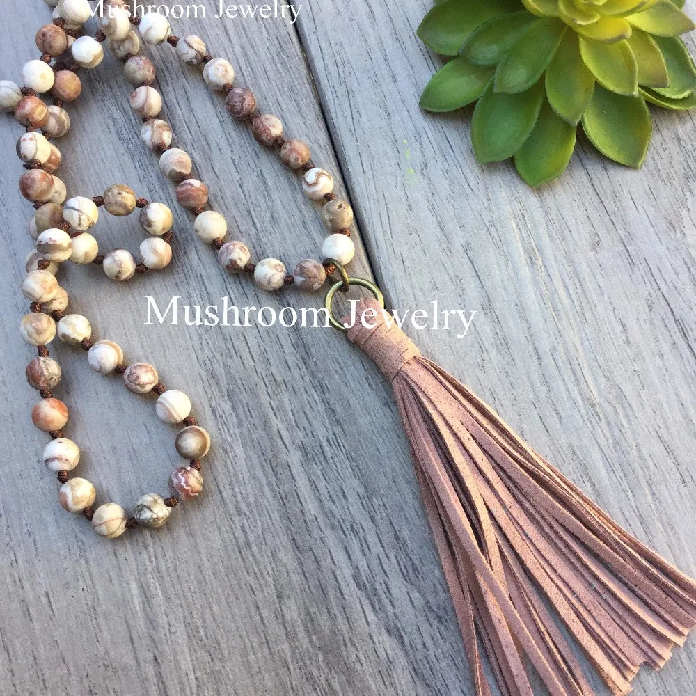 

Boho Chic long Hand Knoting Leopard Jaspers Stone beaded Leather Tassel Necklace