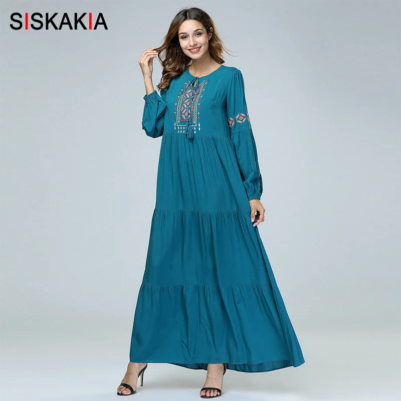 Siskakia, винтажное, этническое, Вышитое, женское, длинное платье, высокая талия, свинг, длинный рукав, платья, осень, макси платья, темно-зеленый