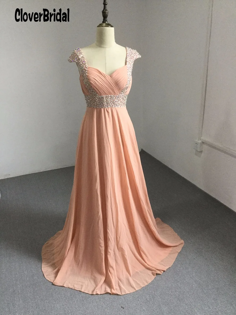 Rosa de pessego com contas robe блестd'honneur longue Блестки из бисера Плиссированные Длинные персиковые Свадебные платья для гостей