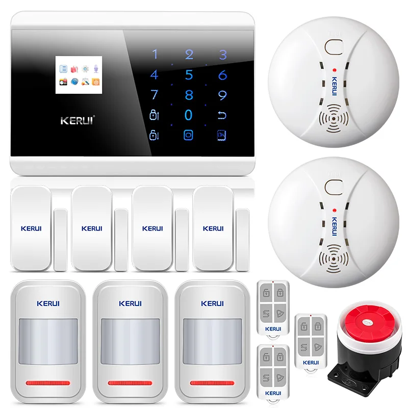 

KERUI 8218G 1.7 inch TFT touch screen GSM PSTN Home Alarm Security System With door magnet and Motion Smoke sensor detector