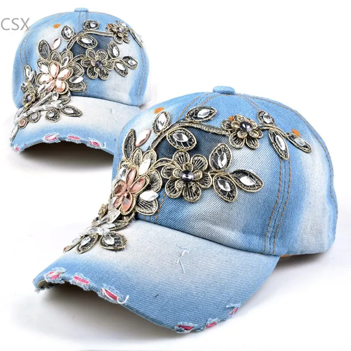MwOiiOwM Весна бренд джинсы женские шляпы регулируемая бейсболка snapback повседневные Стразы кепки с цветами 41