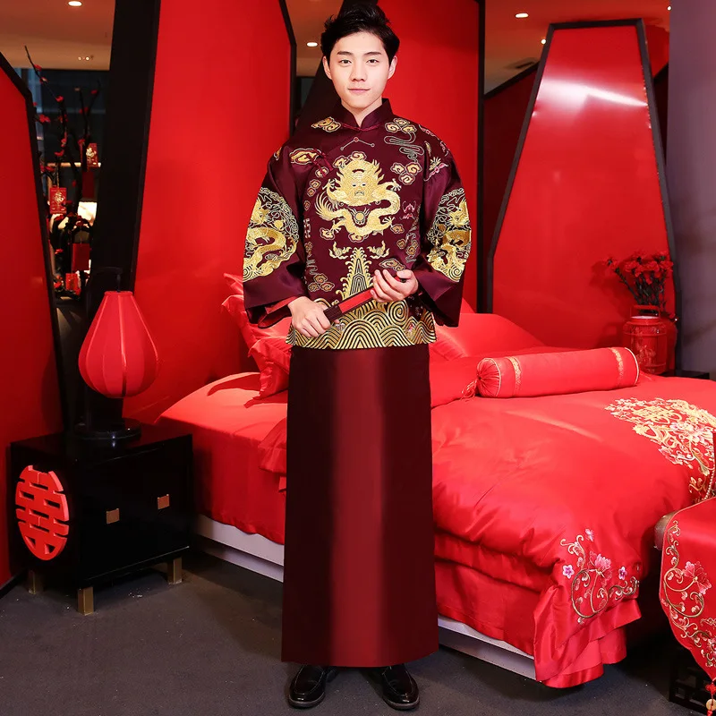 Китайский Винтажный Мужской Свадебный костюм вышивка Сучжоу Чонсам с драконами Vestidos Мужская одежда для свадебной вечеринки одежда для жениха