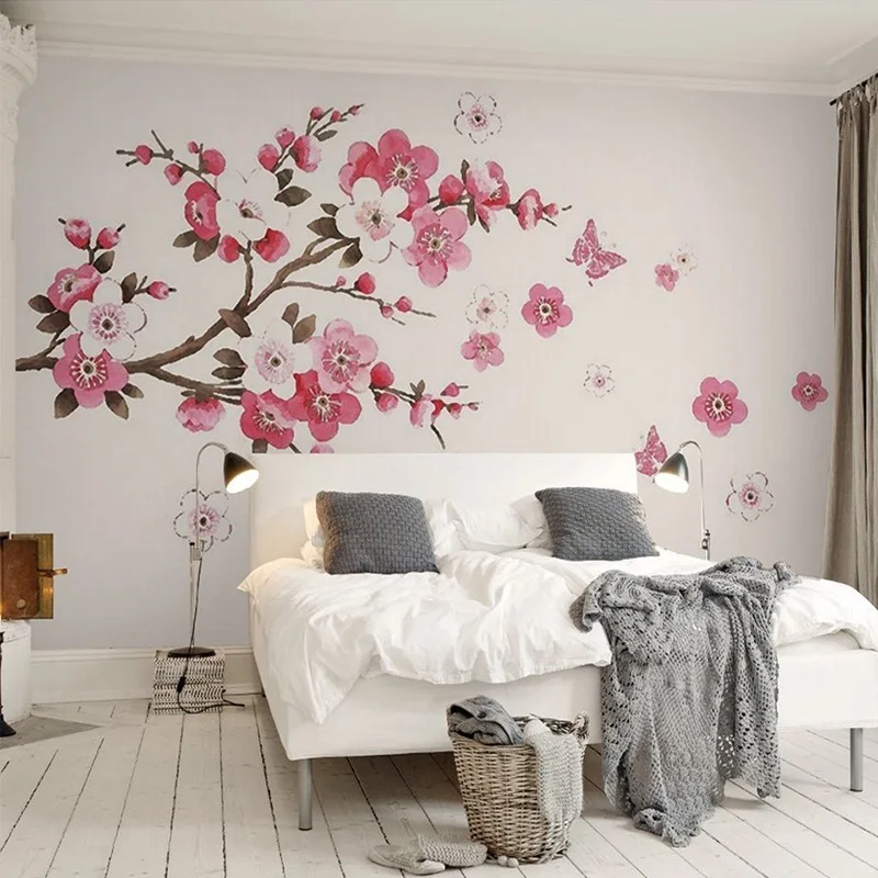 

3D Stereo Wallpaper Hand Painted Simple Tree Abstract Bark Branch Color Plum Butterfly Bedroom TV Background Modern Wallpaper 3D