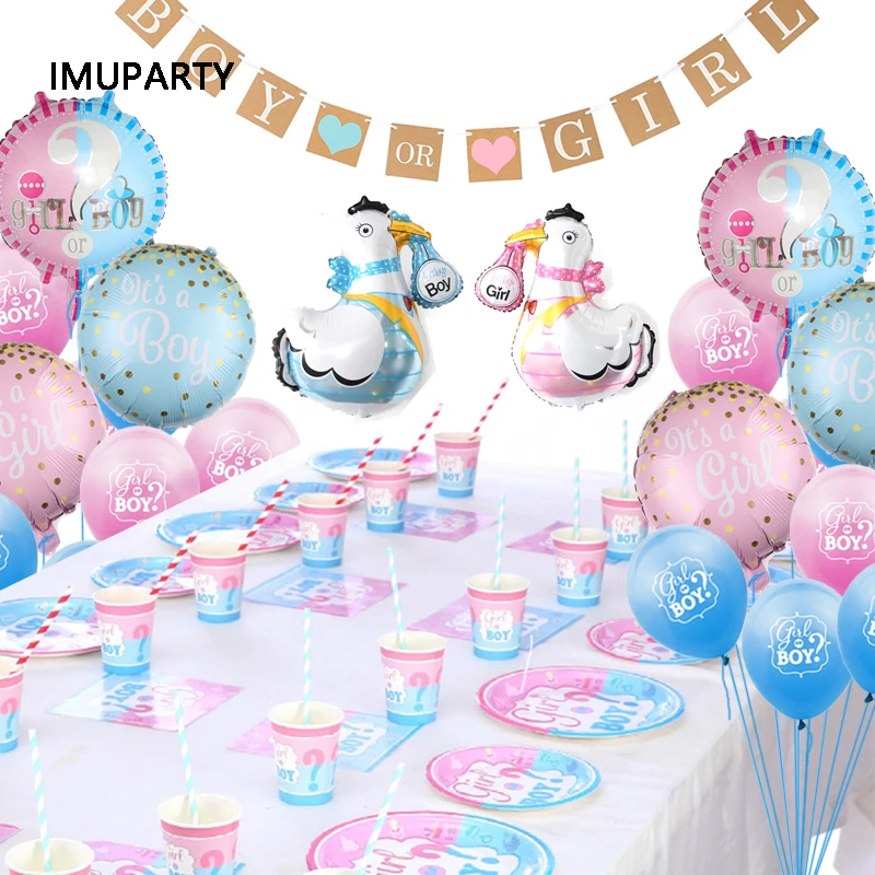 Boy or Girl Gender Reveal Dispossible Tableware Set Pink Blue Paper Banner Plate Cups Garlands Balloons Party Accessories | Дом и сад