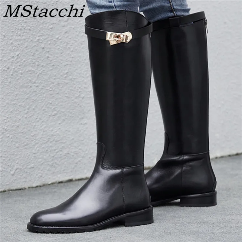 Cena MStacchi damskie buty motocyklowe kobieta Shark klamra długie buty Sexy Mujer Zipper Casual płaskie buty okrągłe Toe prawdziwa skóra naturalna