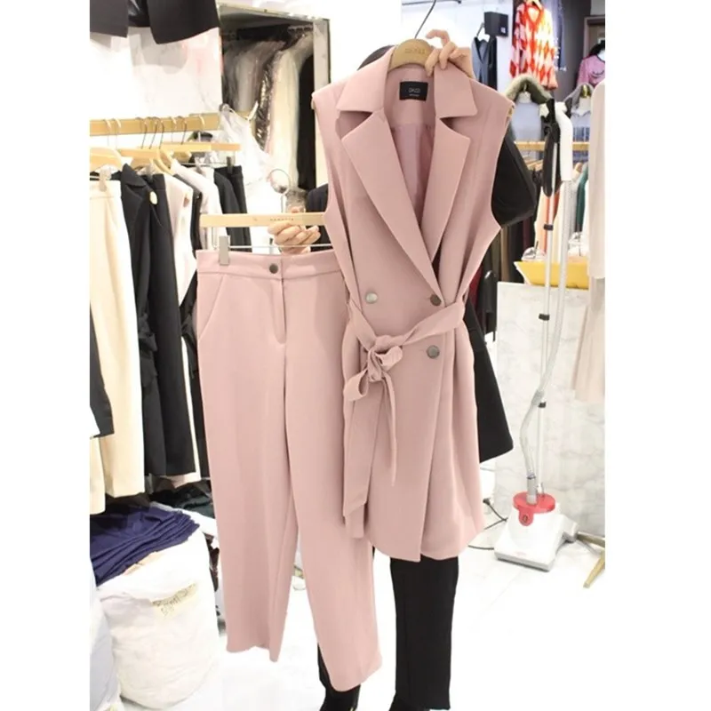 

Women's Small Suit 2019 Summer New Korean Fashion Temperament Long Vest with Nine Pants Two Sets of Casual Suit Women