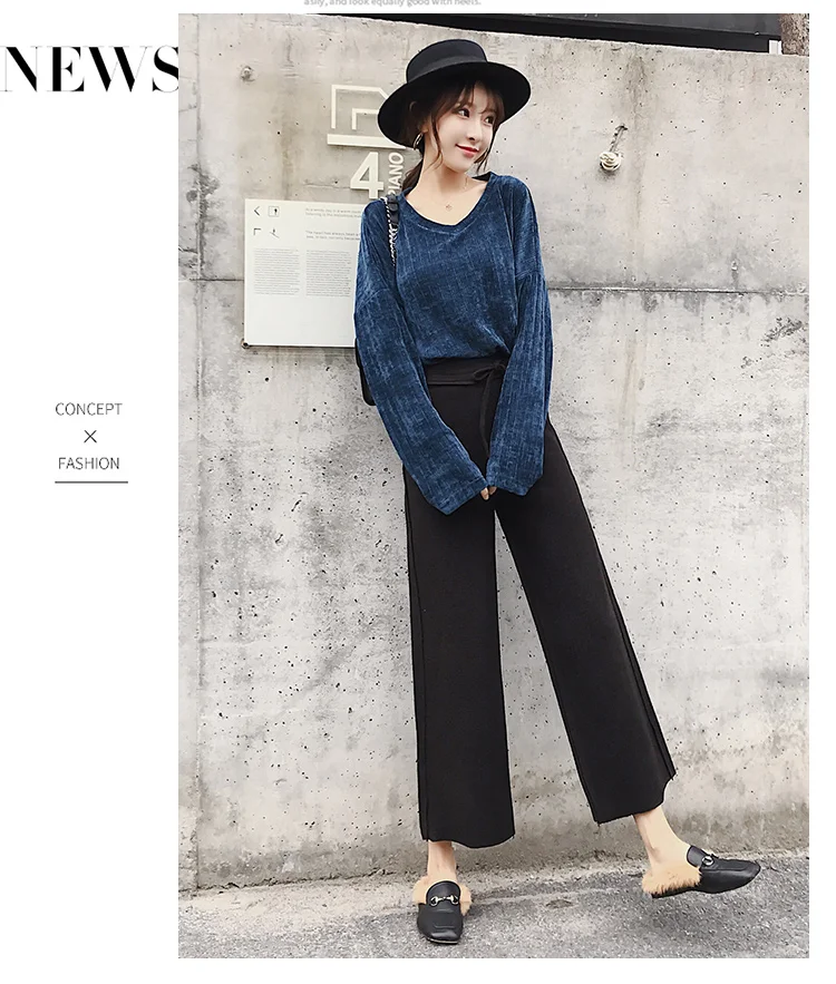 Pantalon Femme осенние шерстяные широкие брюки эластичные прямые брюки с высокой талией винтажные повседневные свободные женские брюки BV21