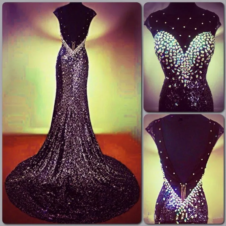 

Hot Sale Good Quality Mermaid Evening Dresses 2016 Scoop Sleeveless Backless Court Train Crystal Sequins Formal Party Gown