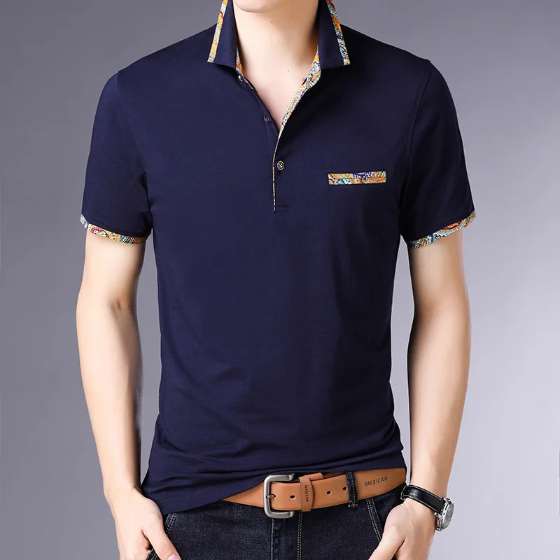  2019 summer new Polo shirt men's fashion classic casual stitching lace Polo Homme lapel cotton men'
