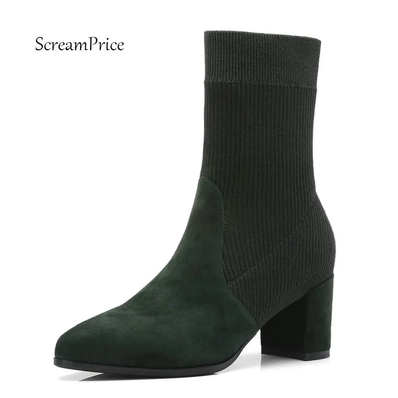 

Ladies Suede Comfort Thick Heel Ankle Boots Fashion Slip On Pointed Toe Women Fall Winter Bootie Black Army Green