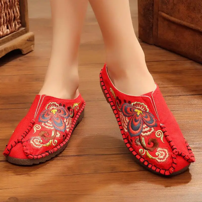 

Summer Cotton Hemp Exotic Ethnic Style Flats Chinese Old Beijing Cloth Shoes Embroidered Sandals