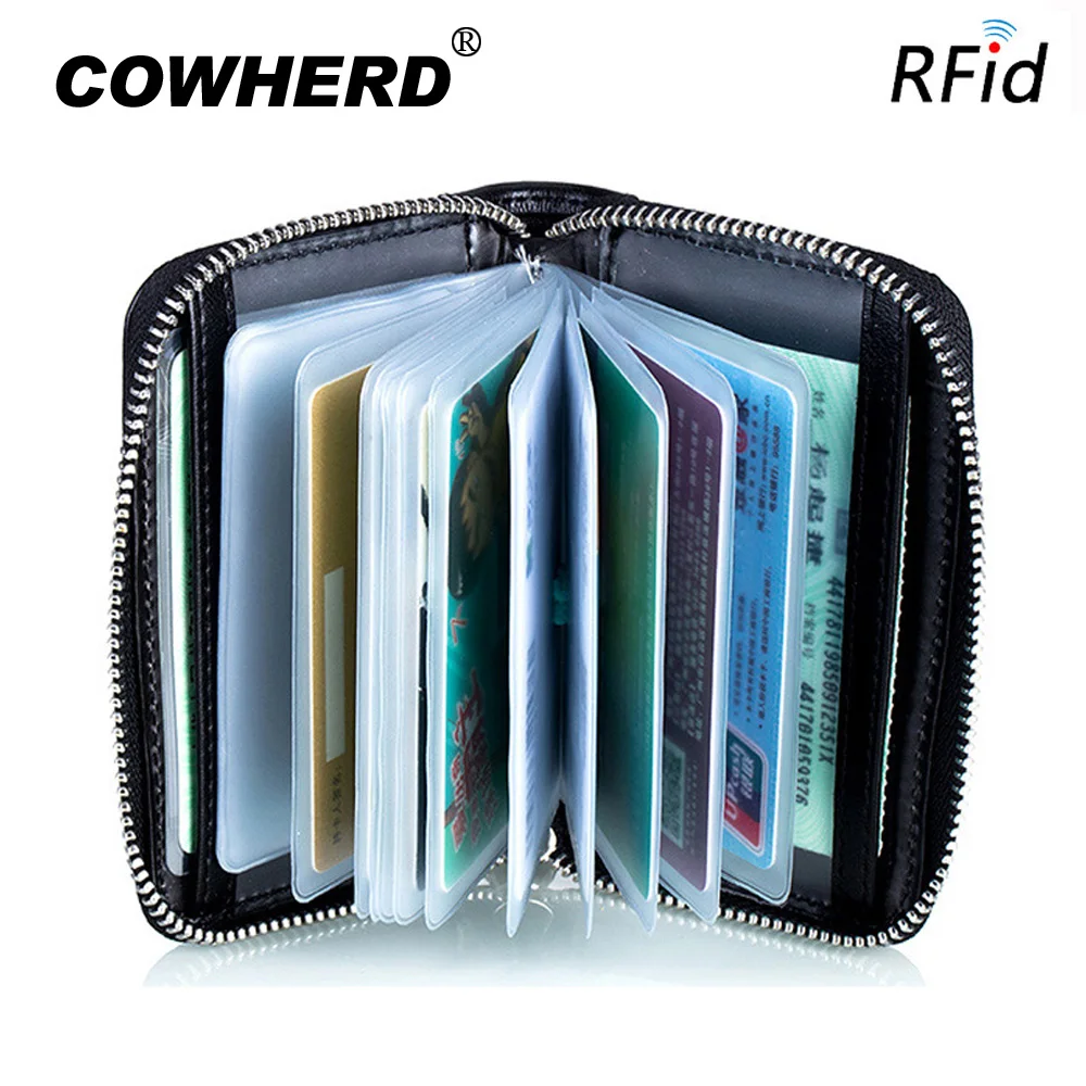 

Rfid Card Protection Credit Card Holder Genuine Cow Leather +transparent PVC Bag Men Women Wallet Organizer Zipper Purse