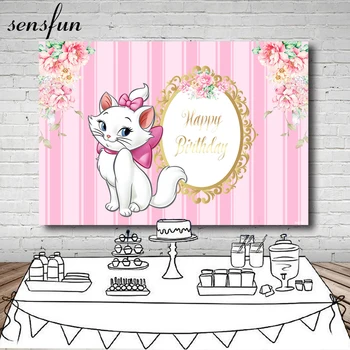 

Sensfun Beautiful Lazy Cat Backdrop For Girls Pink Theme Flowers Gold Frame Photography Backgrounds Vinyl 7x5FT
