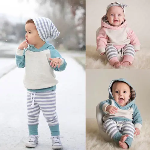 3pcs Newborn Toddler Baby Boy Girl Autumn Winter Clothes Hooded Sweater Tops Striped Pants Headband Outfits Set Clothes