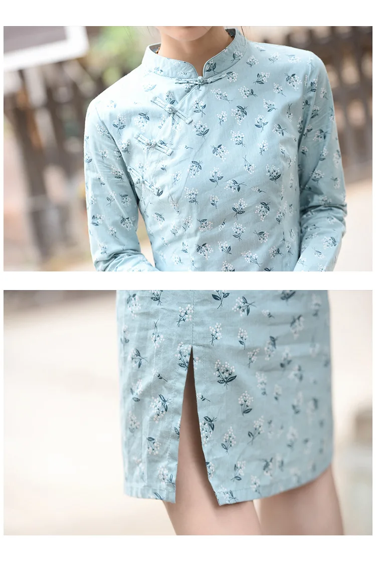 Новое весеннее нежное легкое китайское платье-Чонсам с воротником-стойкой и пуговицами