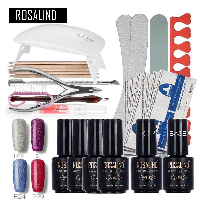 

Rosalind Fashion Neon Nail Art Tools Cure 6W UV Lamp Gel Polish Soak Off Base Coat Top Coat Gel Nail Polish Nail Manicure Kit