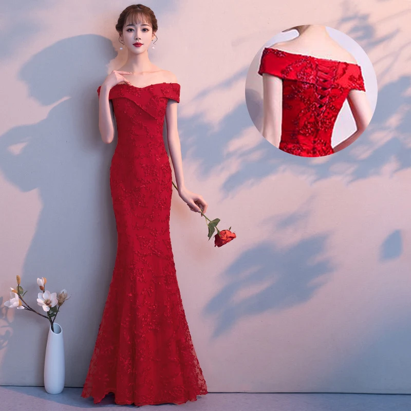 Новые китайские красные женские Cheongsam Сексуальные с открытыми плечами Qipao элегантные женские Русалка длиной в Пол платья невесты тост платье платья