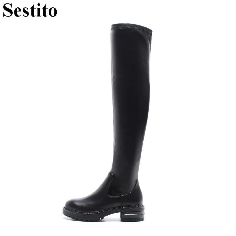 

Europe Style Black Leisure Long Boots Round Toe Med Square Heel Over-the-Knee Boots For Women Slip-on Autumn Casual Women Shoes